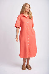 GOONDIWINDI Short Sleeve Linen Dress CORAL