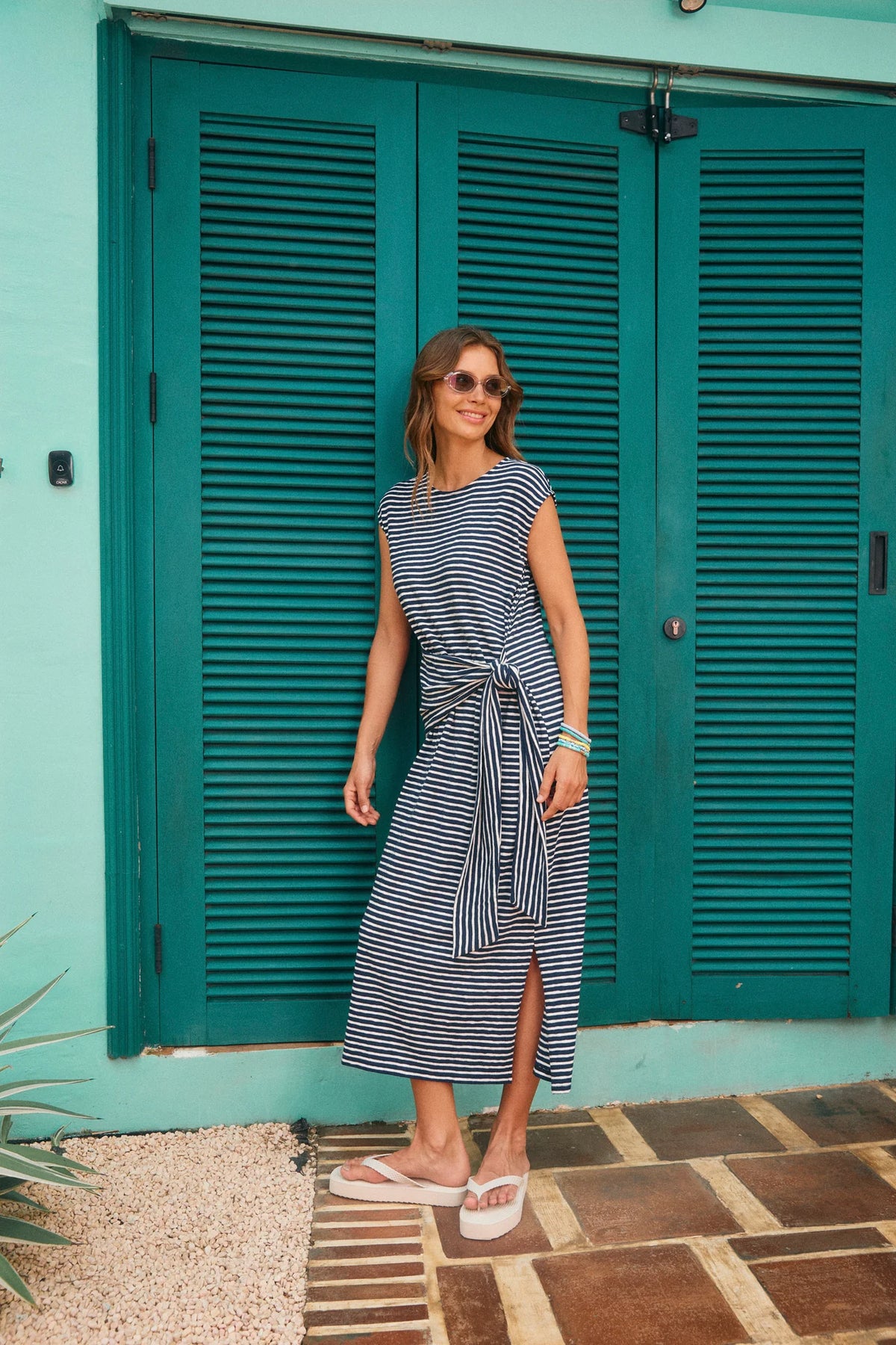 HAVEN Tropea Stripe Tie Dress NAVY