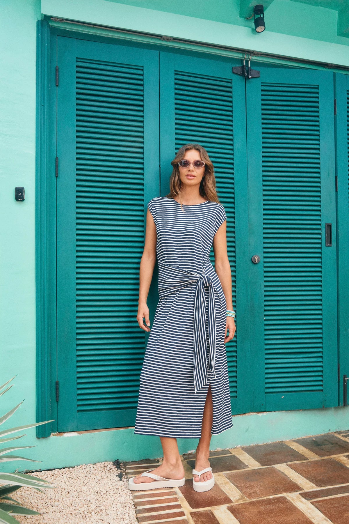HAVEN Tropea Stripe Tie Dress NAVY