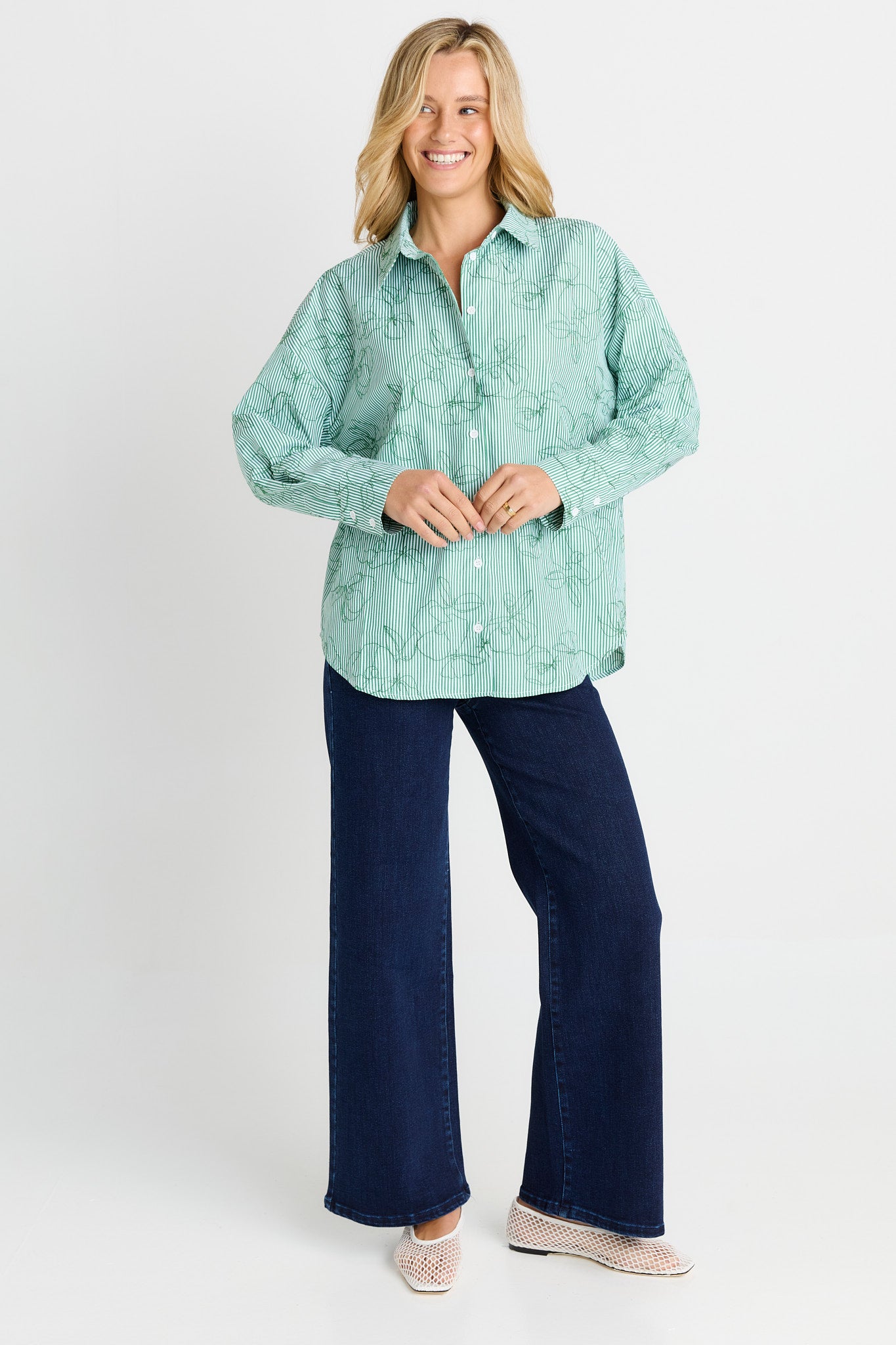 BETTY BASICS Sage Shirt GREEN STRIPE