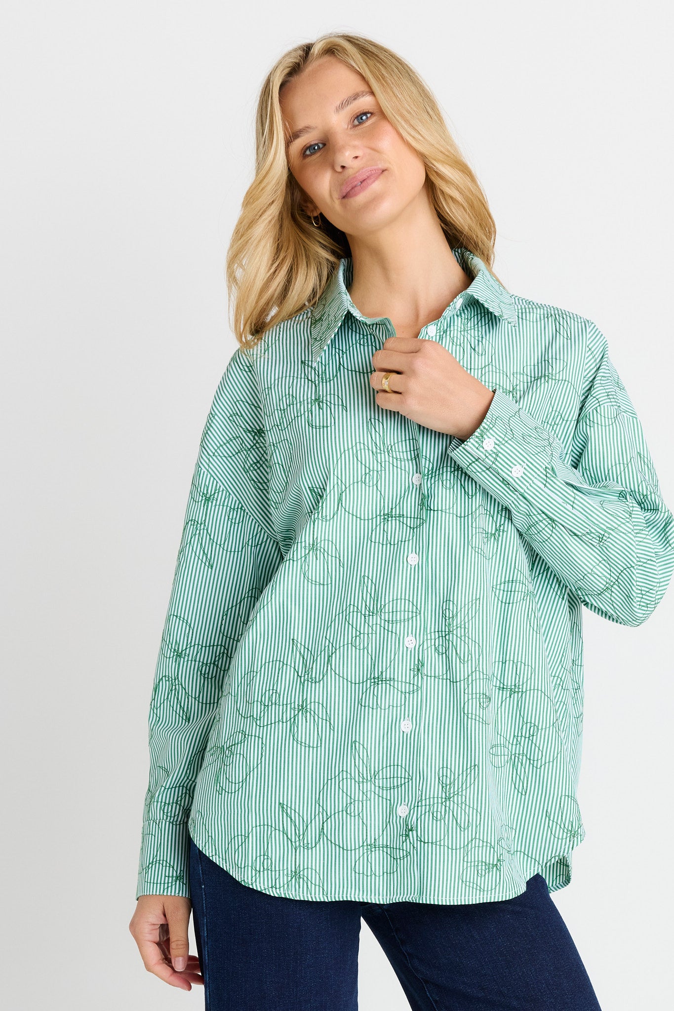 BETTY BASICS Sage Shirt GREEN STRIPE
