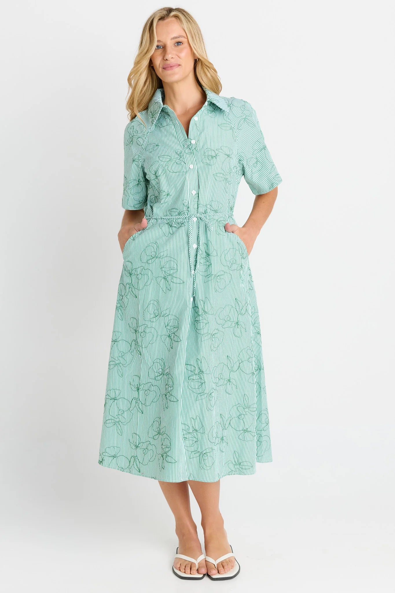 BETTY BASICS Shelley Shirt Dress GREEN STRIPE