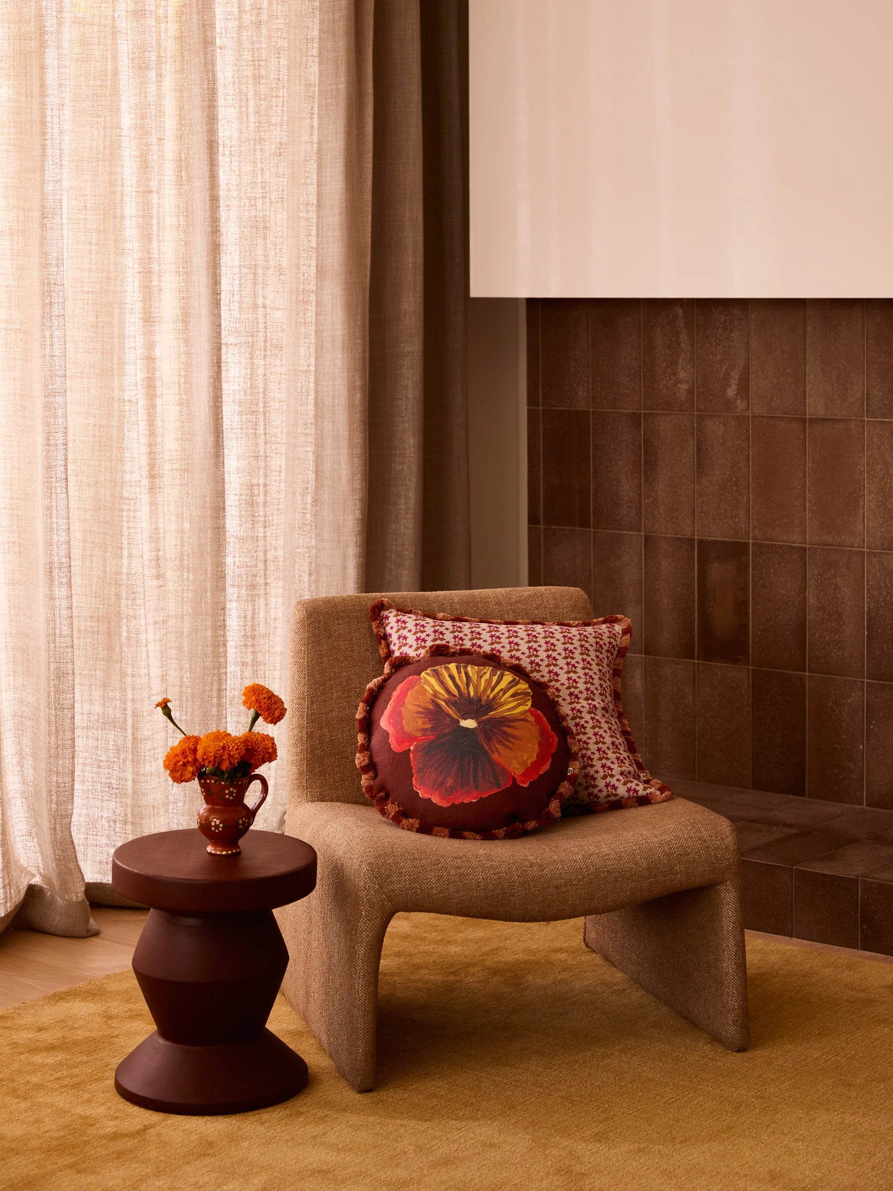 Bonnie & Neil Wild Pansy Chocolate Round Cushion 45cm