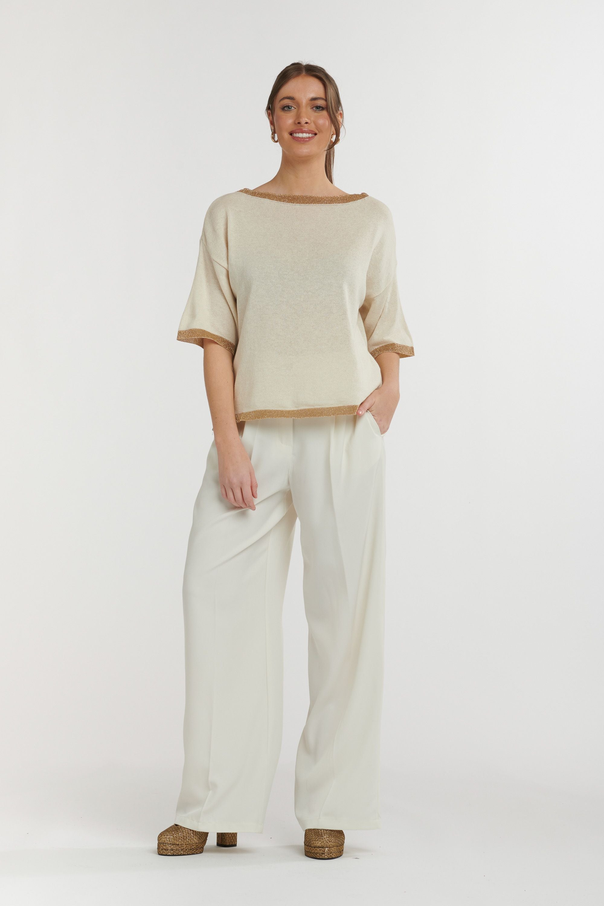 URBAN LUXURY Lurex Knit Top WHITE