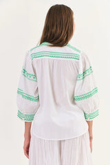 NAMASTAI White Cotton Blouse GREEN STITCH