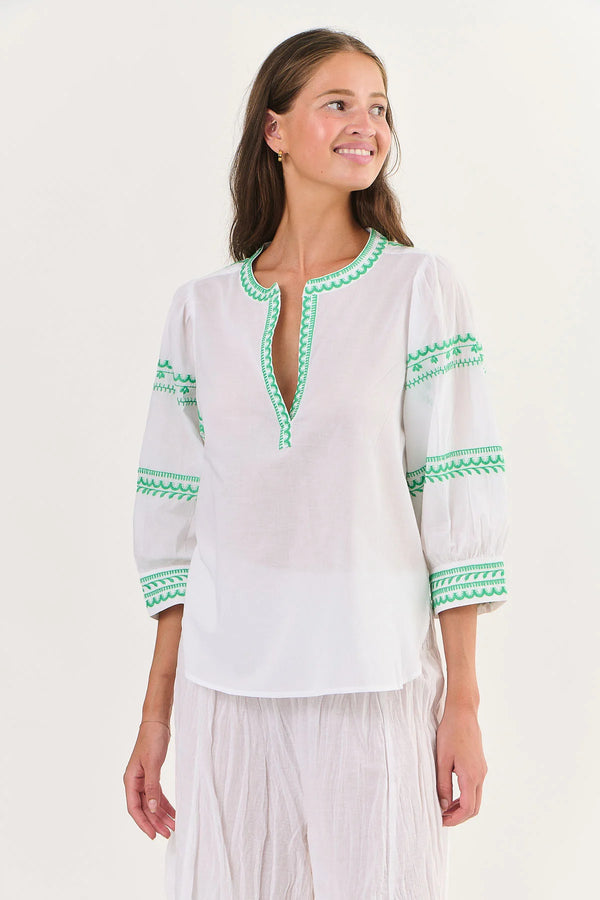 NAMASTAI White Cotton Blouse GREEN STITCH