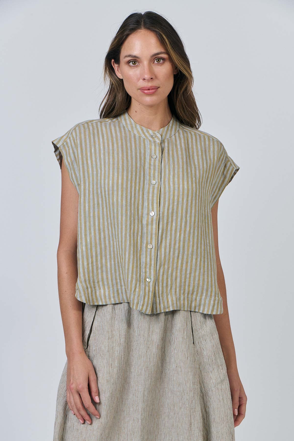 OLIVE ET JULIE Linen Button Top SAGE STRIPE