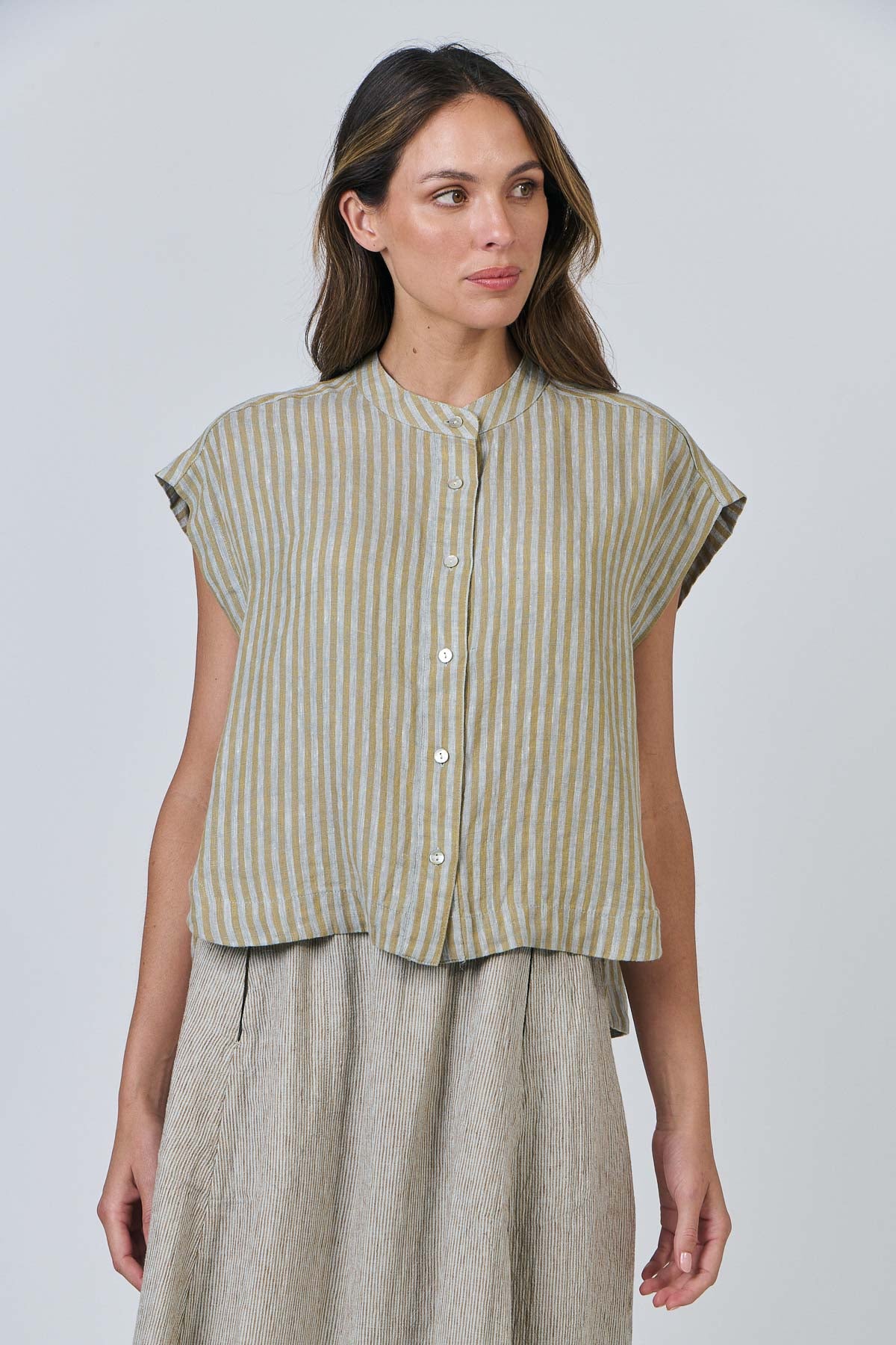OLIVE ET JULIE Linen Button Top SAGE STRIPE