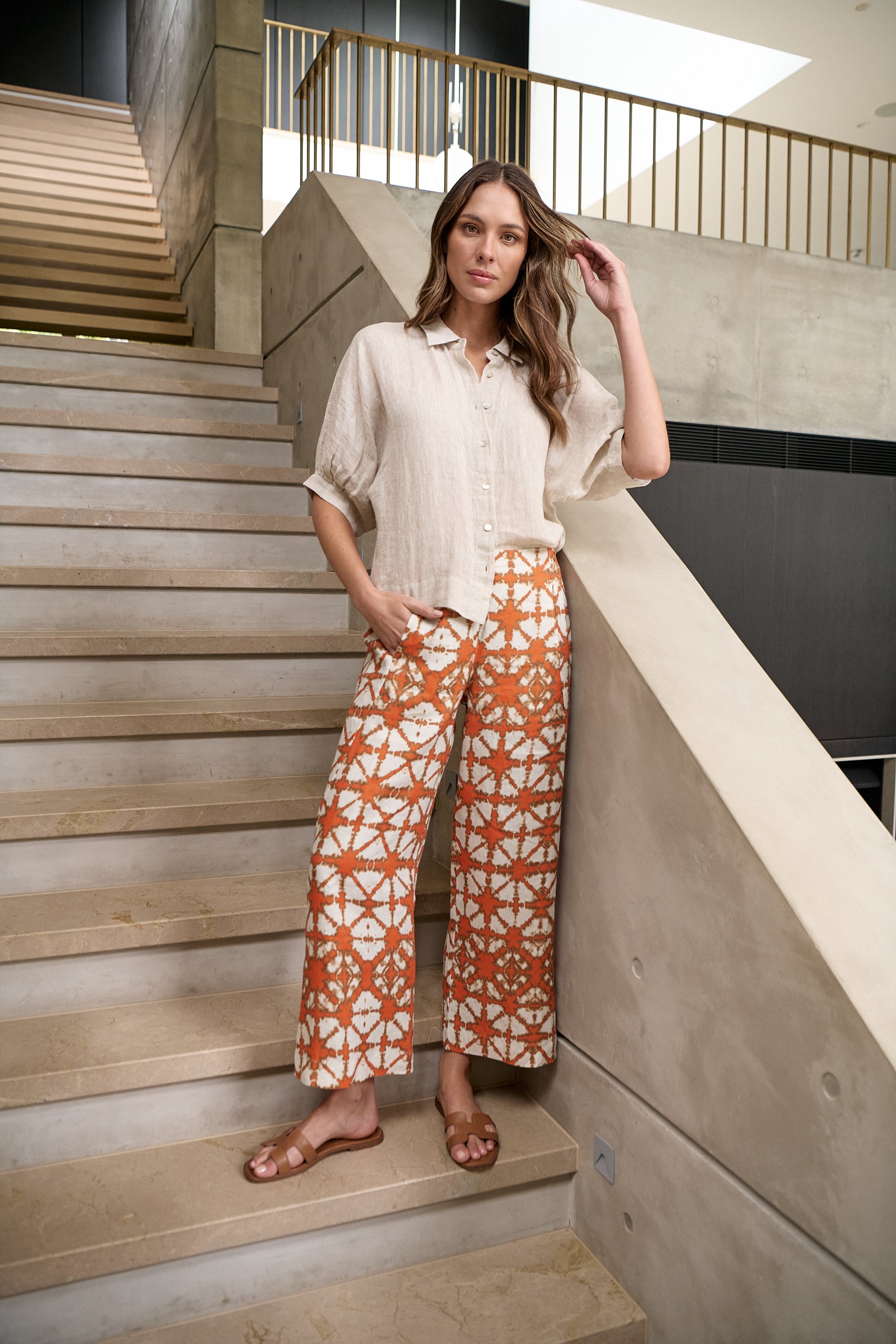 OLIVE ET J Linen Flat Front Pant ORANGE URCHIN