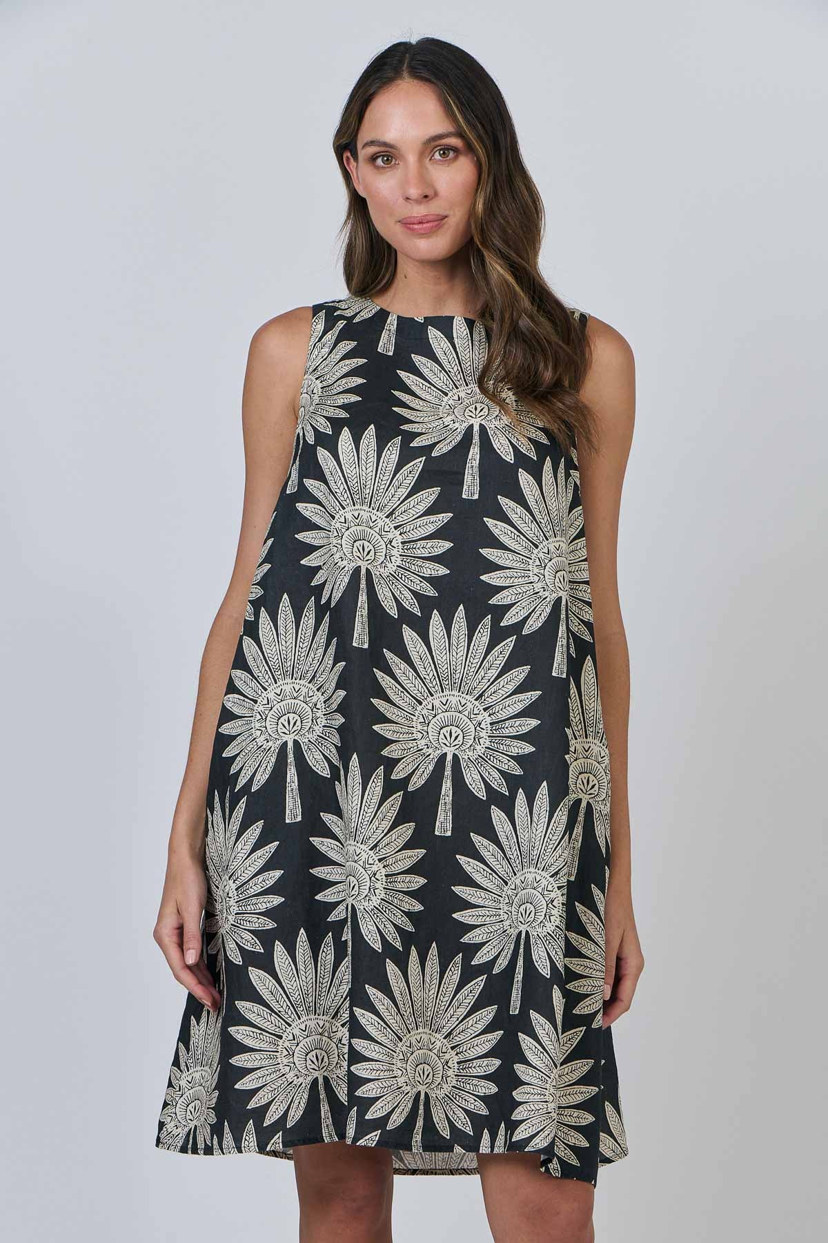 OLIVE ET JULIE Linen S'less Dress BLACK PALM