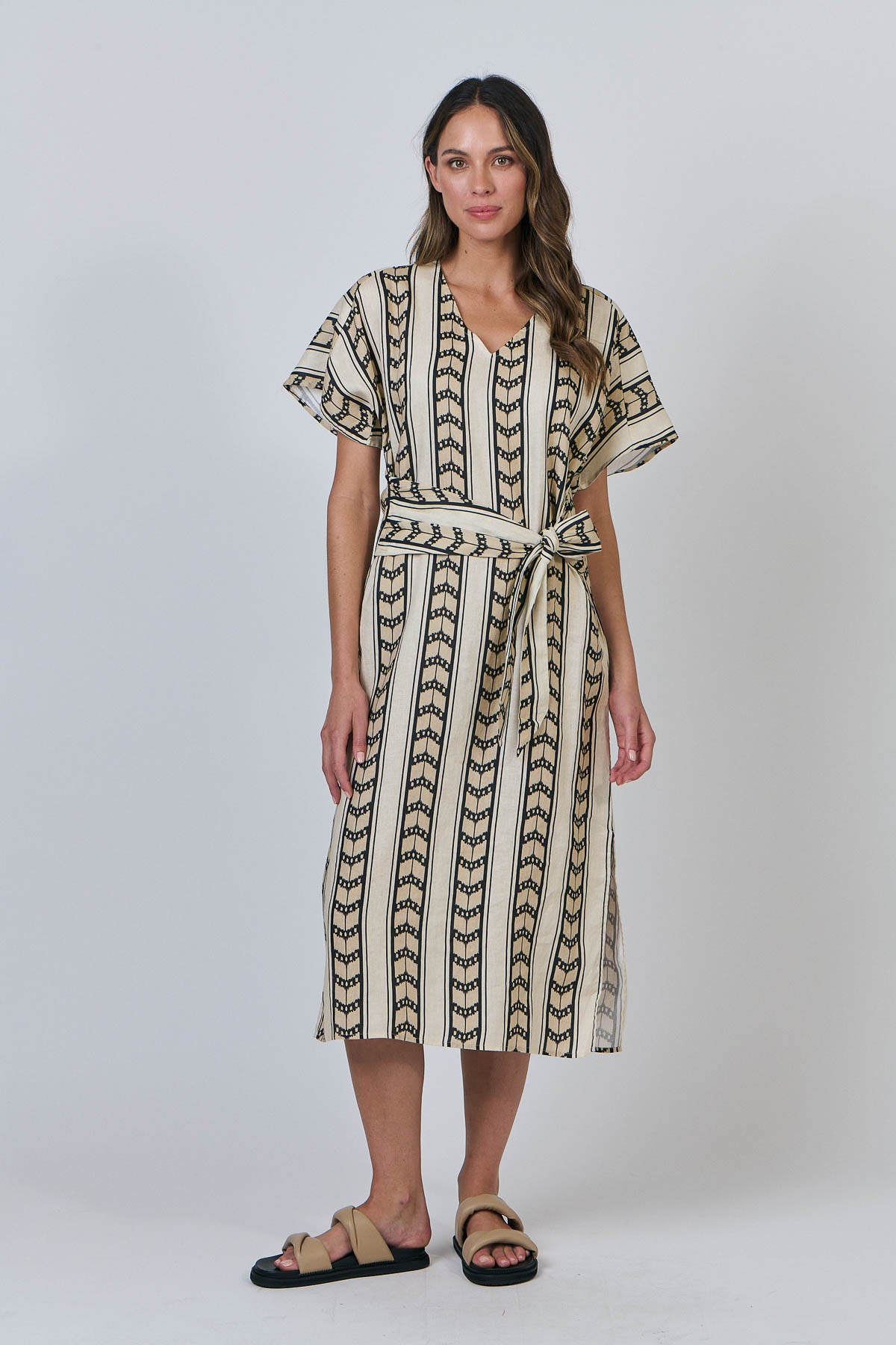 OLIVE ET JULIE Linen Dress with Tie CHEVRON