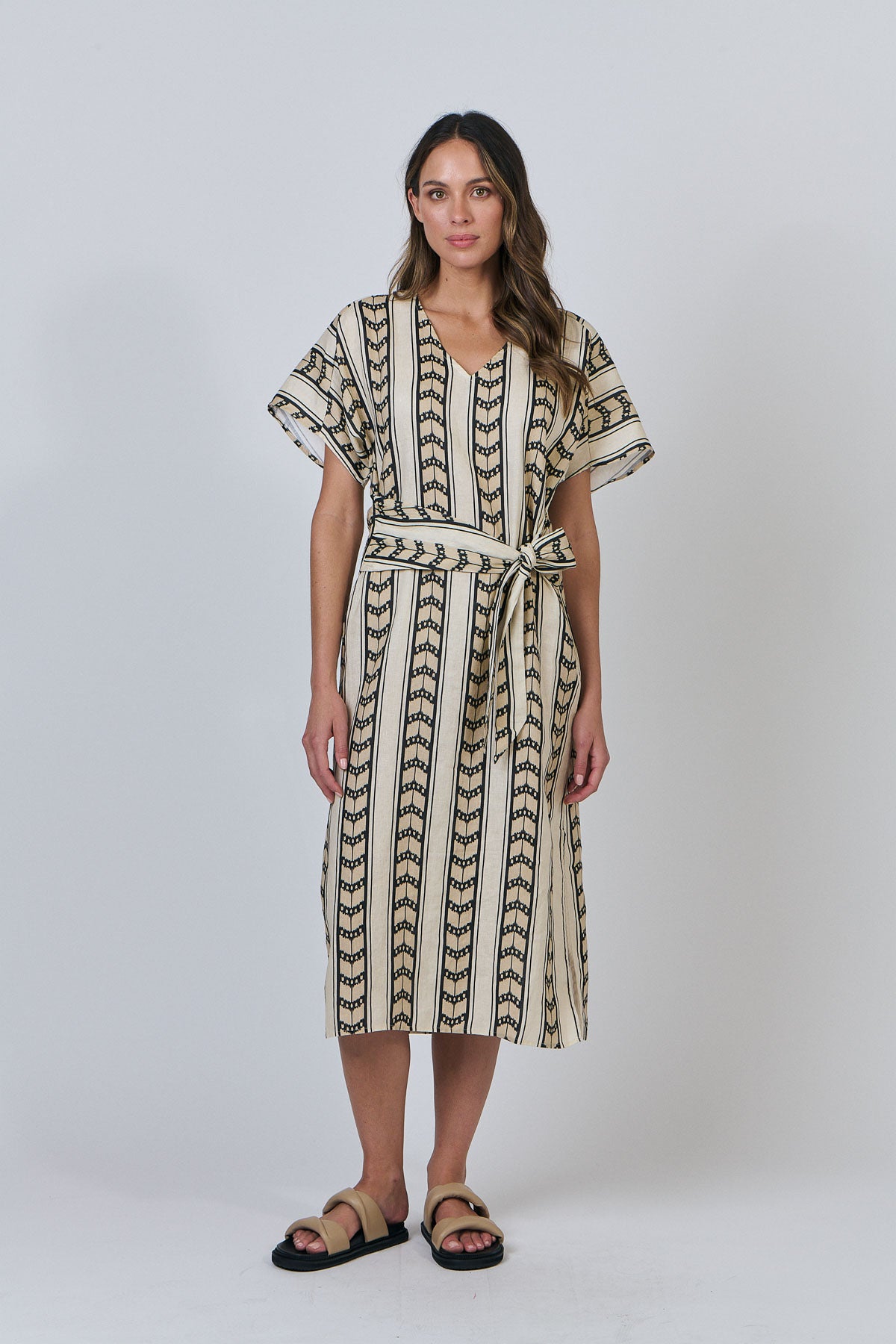 OLIVE ET JULIE Linen Dress with Tie CHEVRON