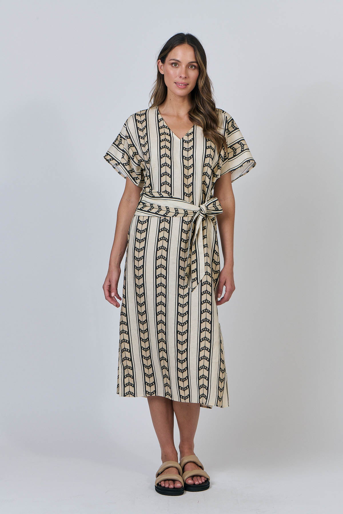 OLIVE ET JULIE Linen Dress with Tie CHEVRON