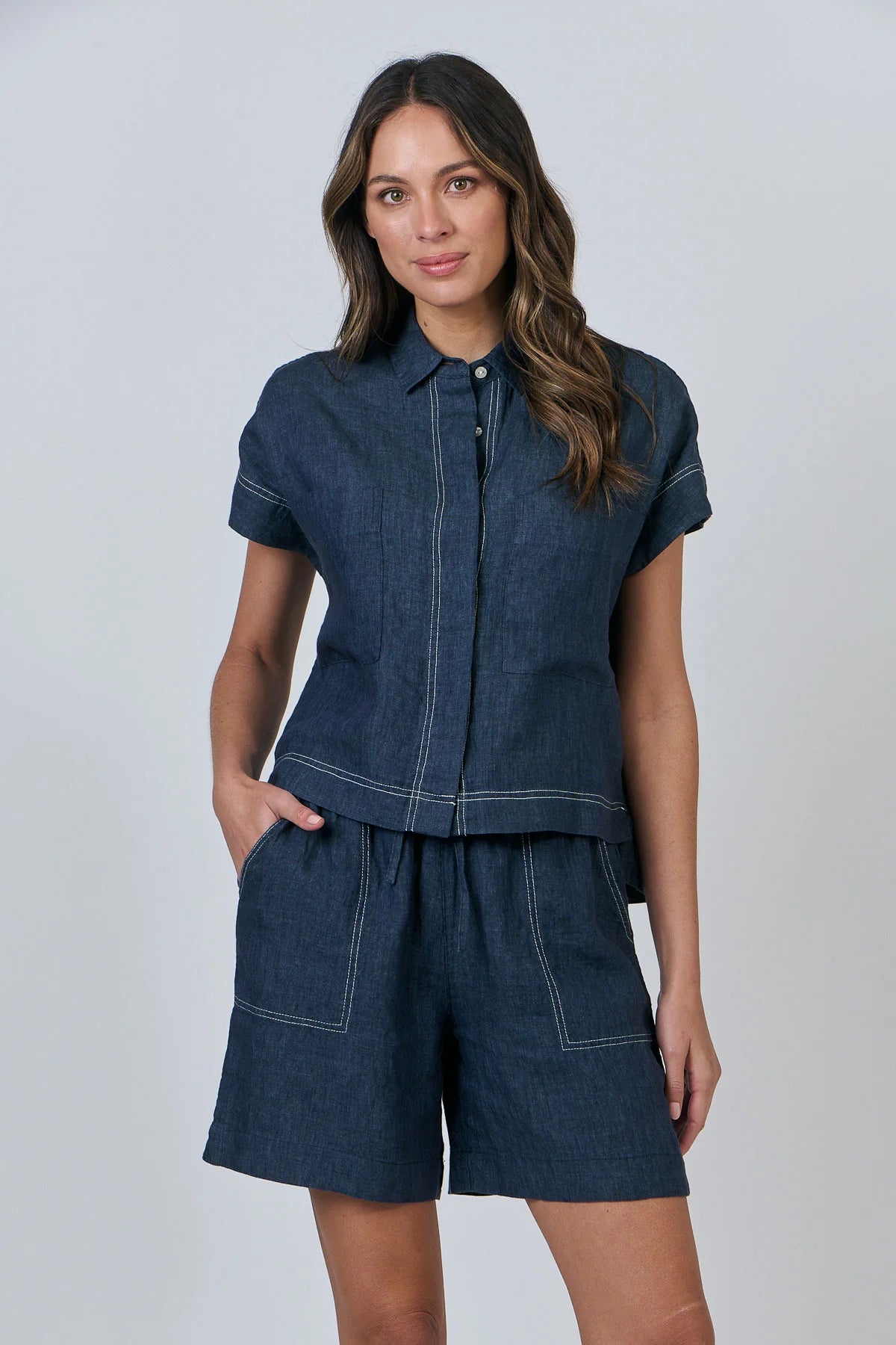 OLIVE ET JULIE Linen Button Top POSEIDON