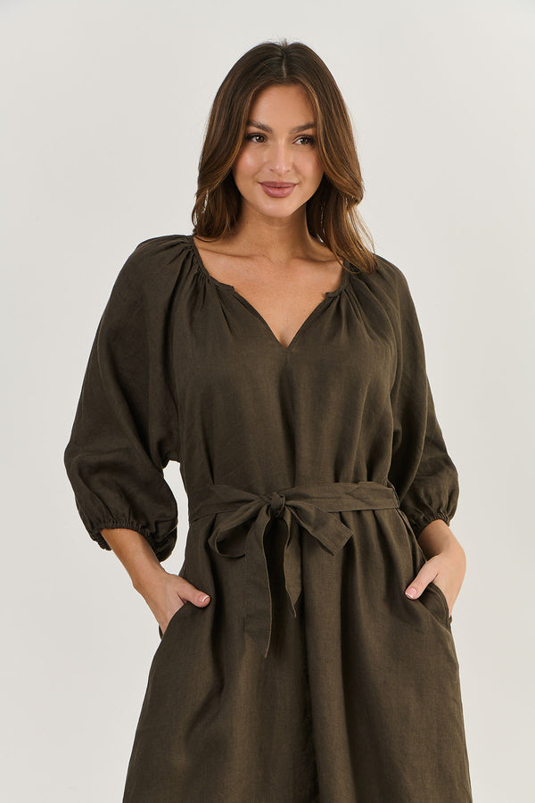 OLIVE ET JULIE Linen Midi Dress ESPRESSO