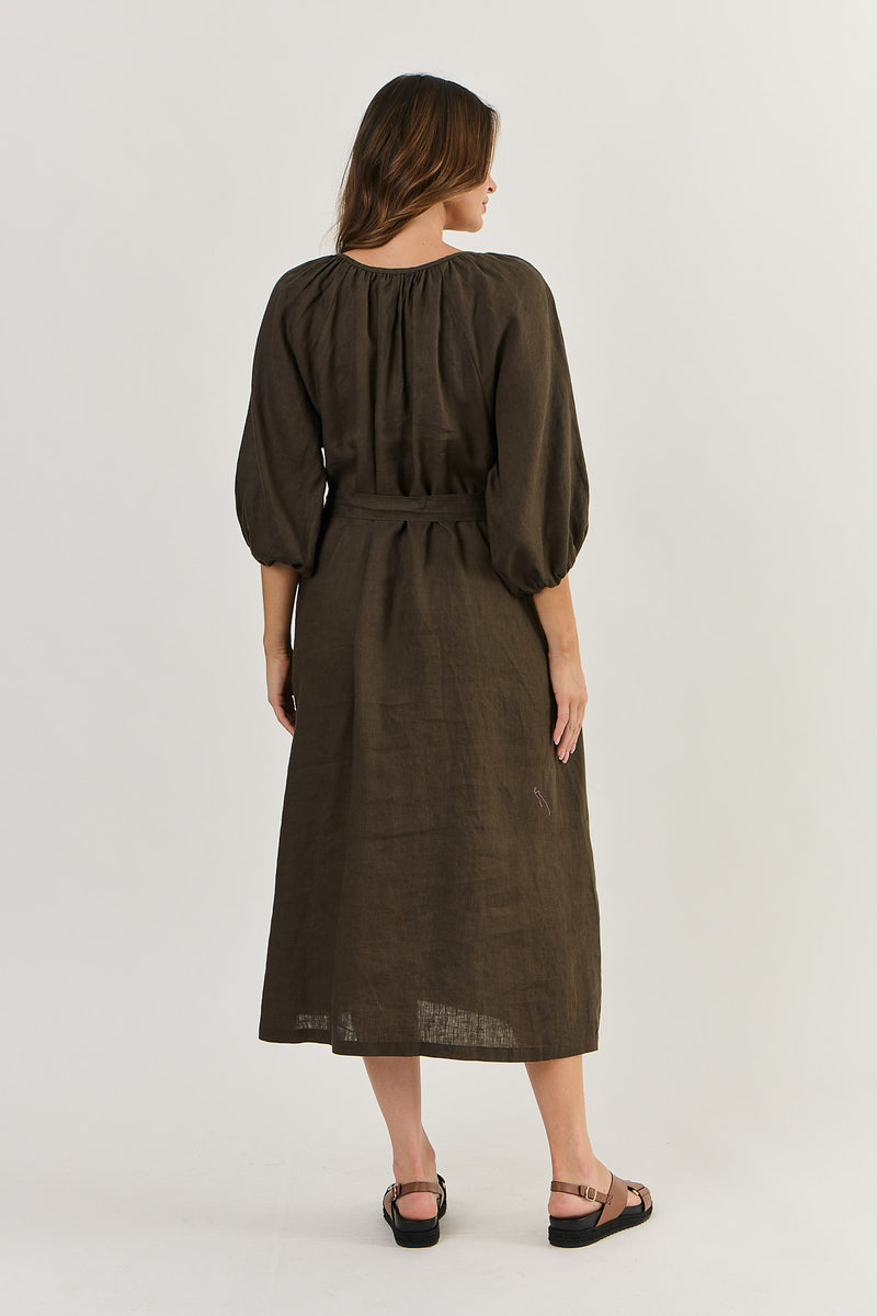 OLIVE ET JULIE Linen Midi Dress ESPRESSO