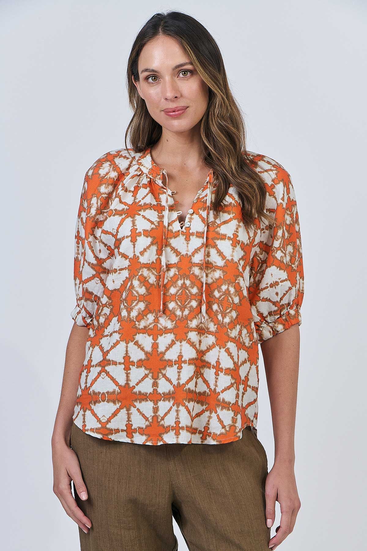 OLIVE ET JULIE Linen Sleeved Top ORANGE URCHIN