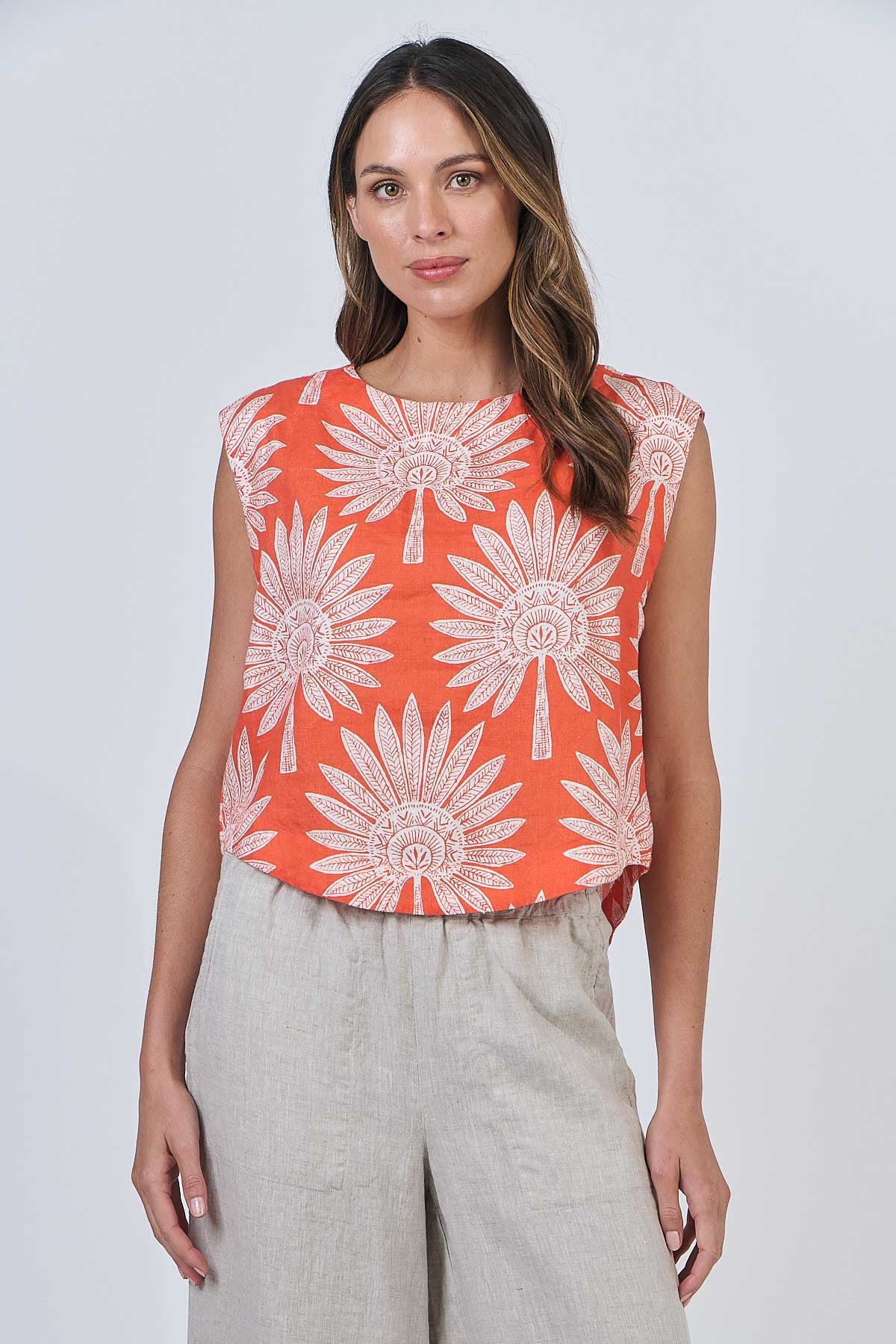 OLIVE ET JULIE Linen S'less Top SUNSET PALM