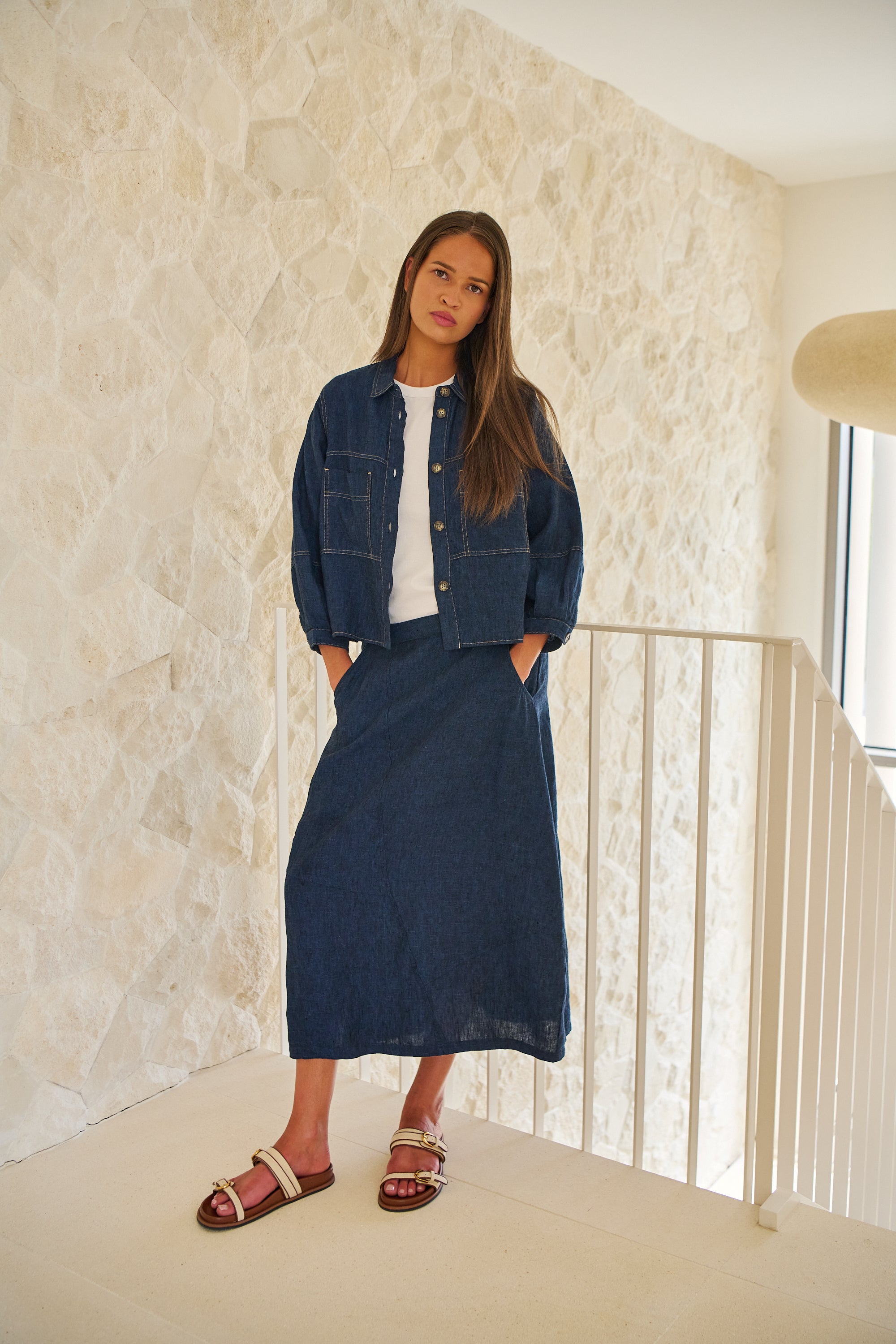 OLIVE ET JULIE Linen Midi Skirt ECLIPSE