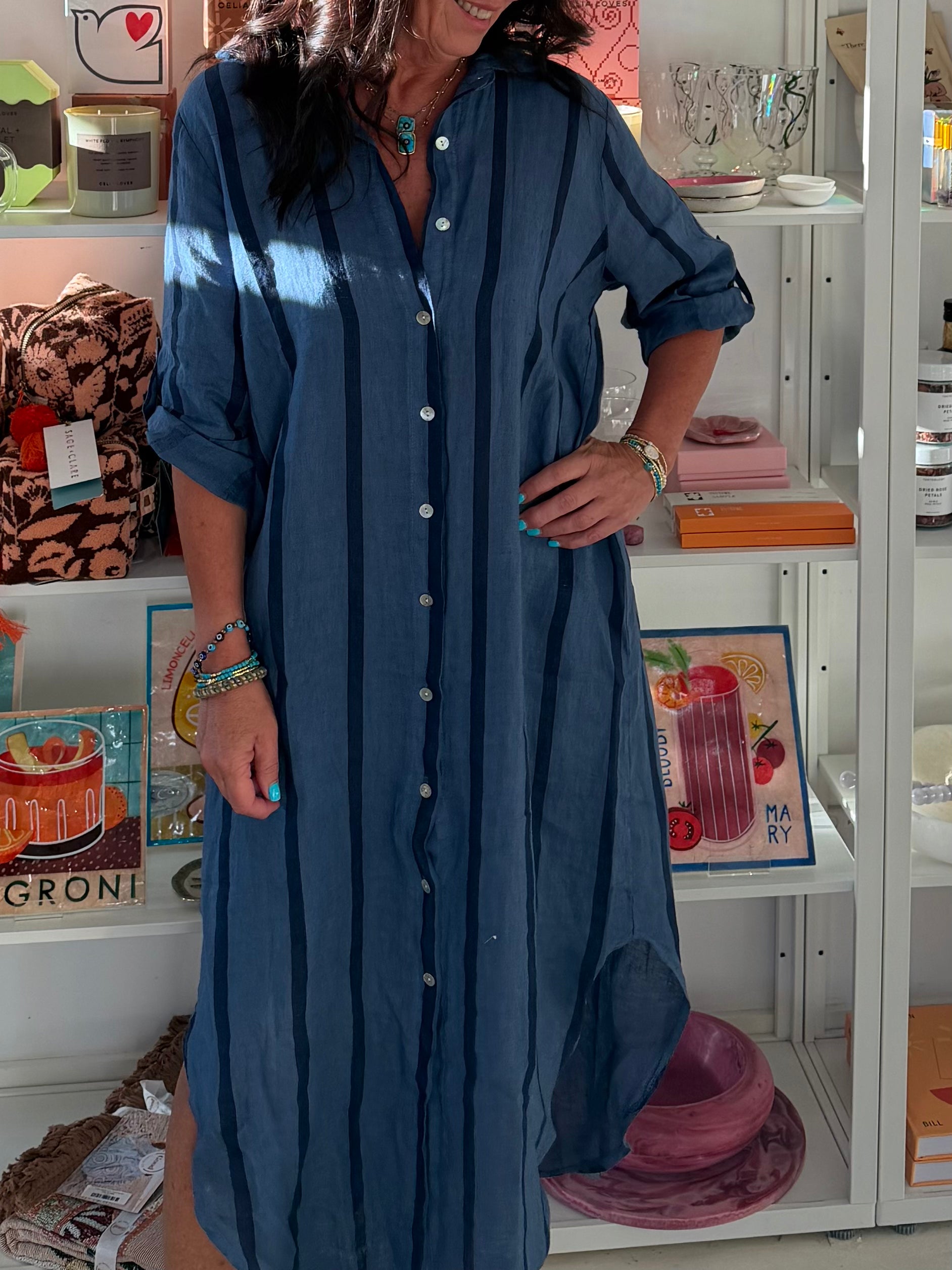 URBAN LUXURY Linen Stripe Dress DENIM/BLUE