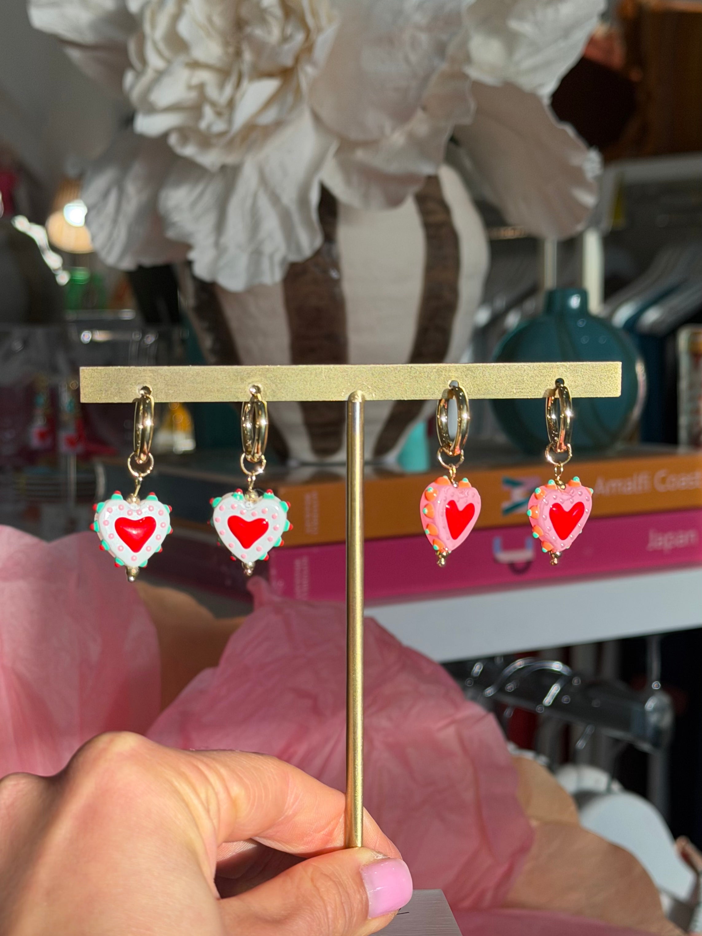 Hanging Painted Heart Huggie PINK