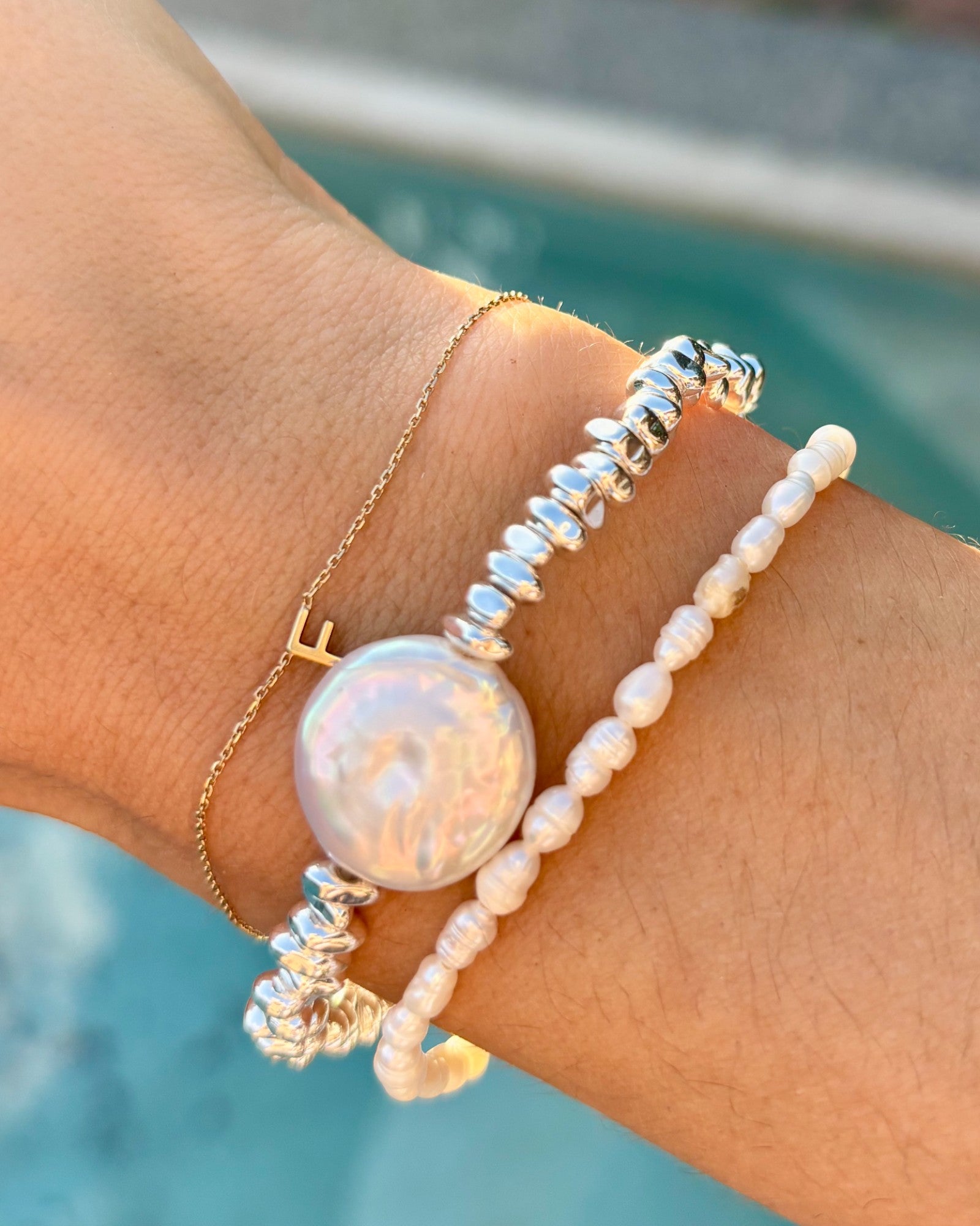 HEI TAI Chunky Luxe Silver Bracelet PEARL ROUND