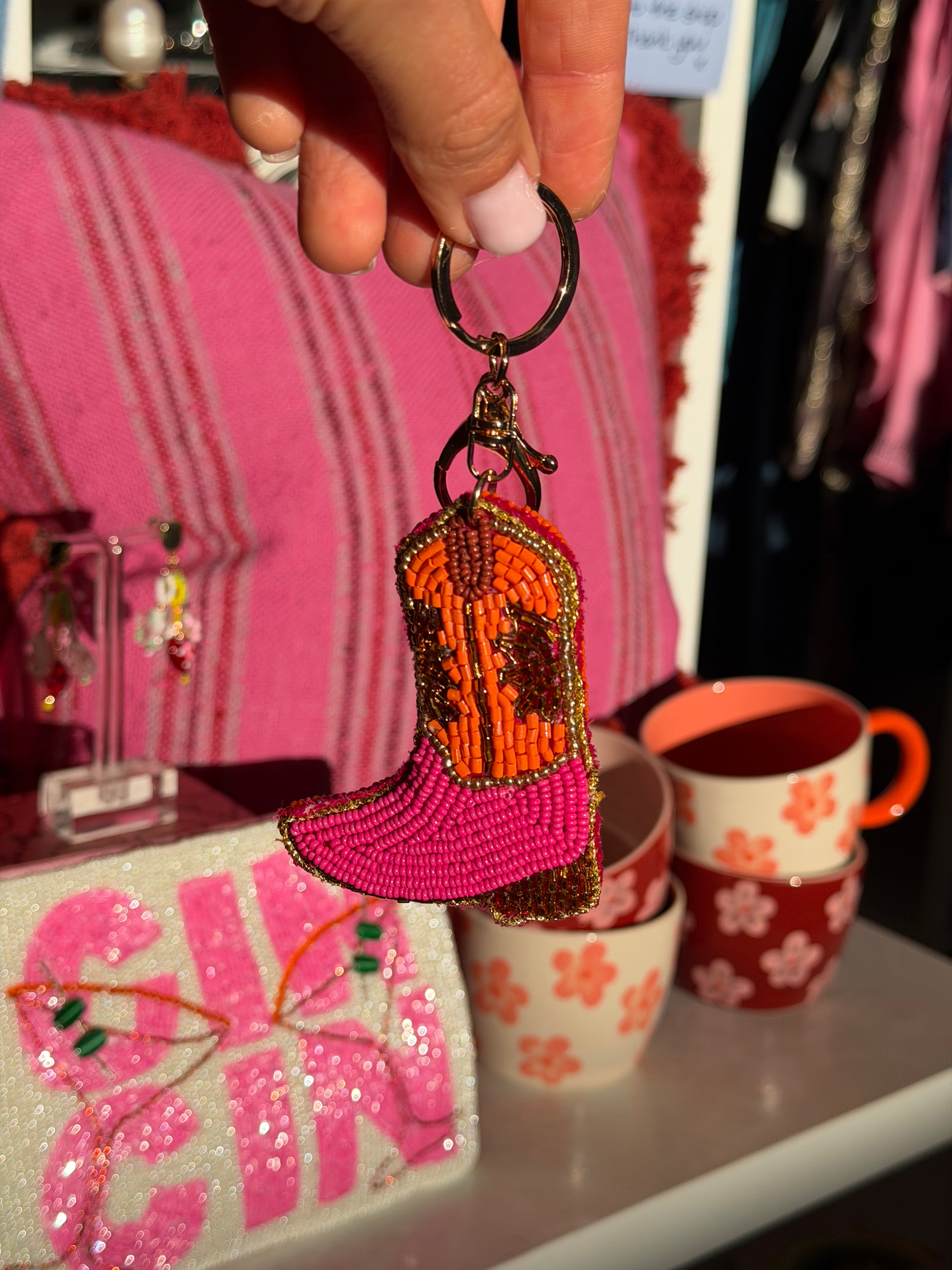 Beaded Keychain COWGIRL BOOT PINK & ORANGE