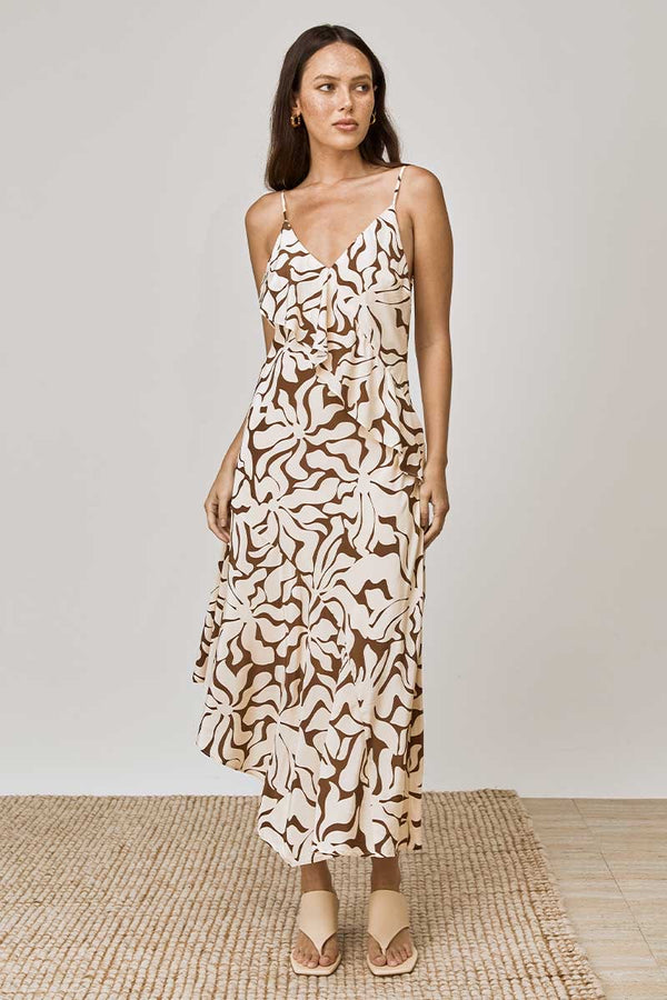 Mon Renn High Tide Strappy Midi Dress Coffee