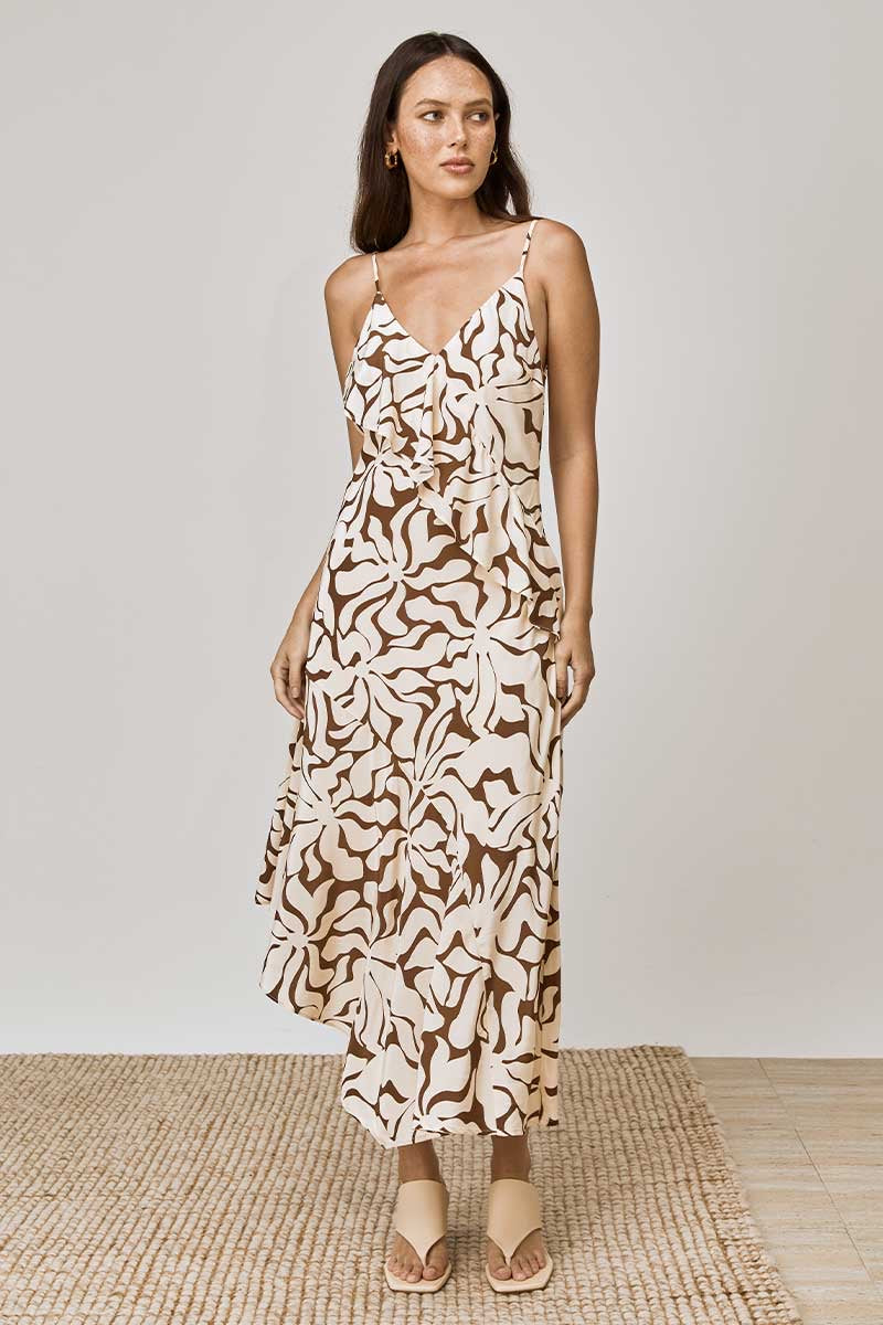 Mon Renn High Tide Strappy Midi Dress Coffee