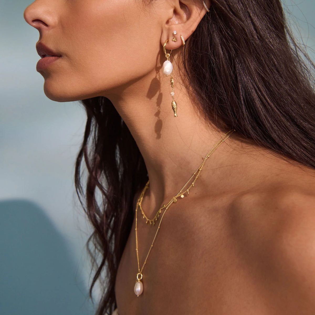 MURKANI Of the Sea Fish & Pearl Long Earrings GOLD