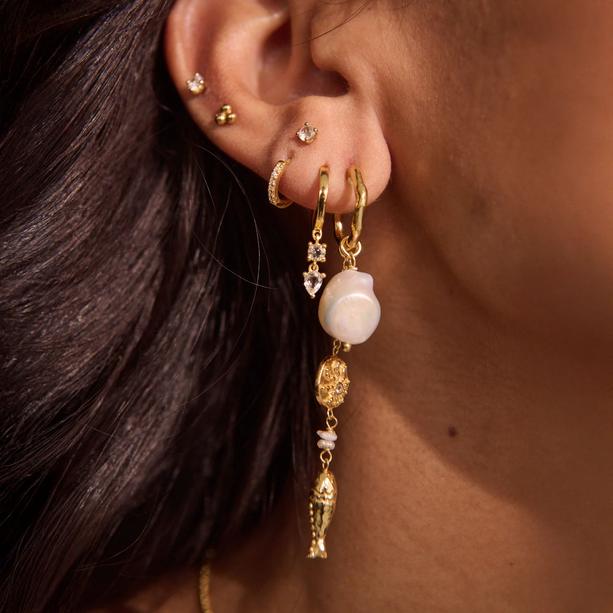 MURKANI Of the Sea Fish & Pearl Long Earrings GOLD