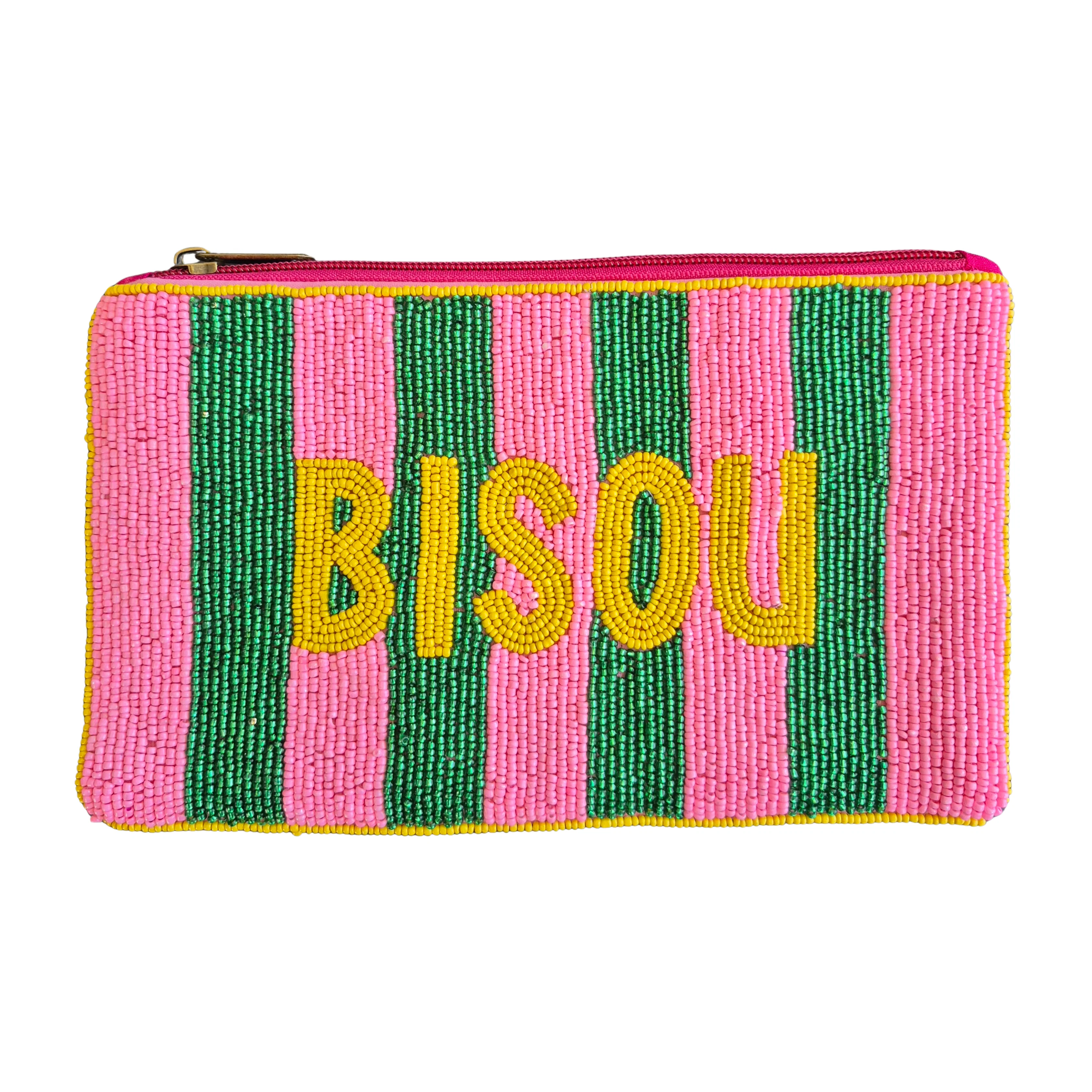 BISOU Beaded Clutch PINK GREEN STRIPE