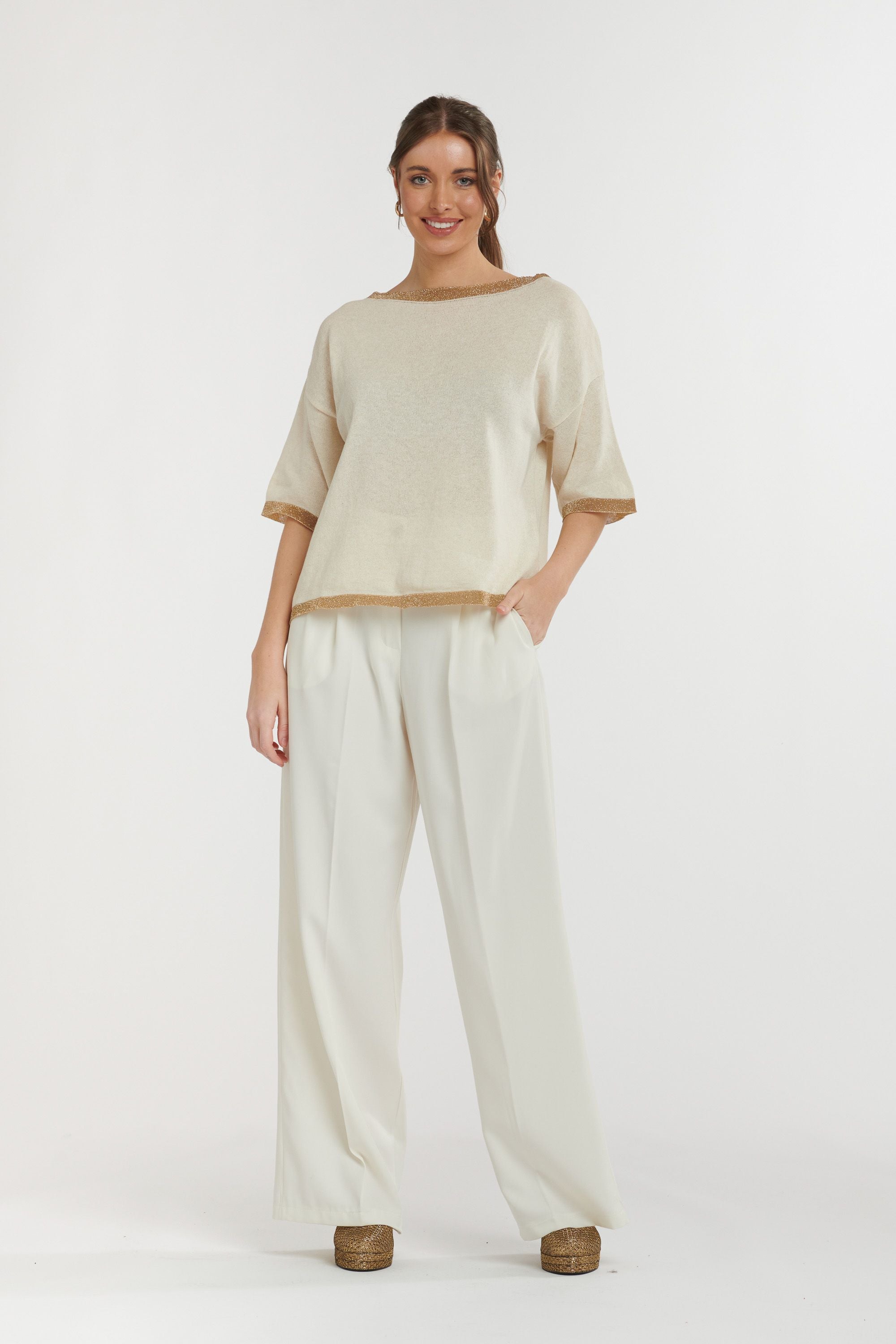 URBAN LUXURY Lurex Knit Top WHITE