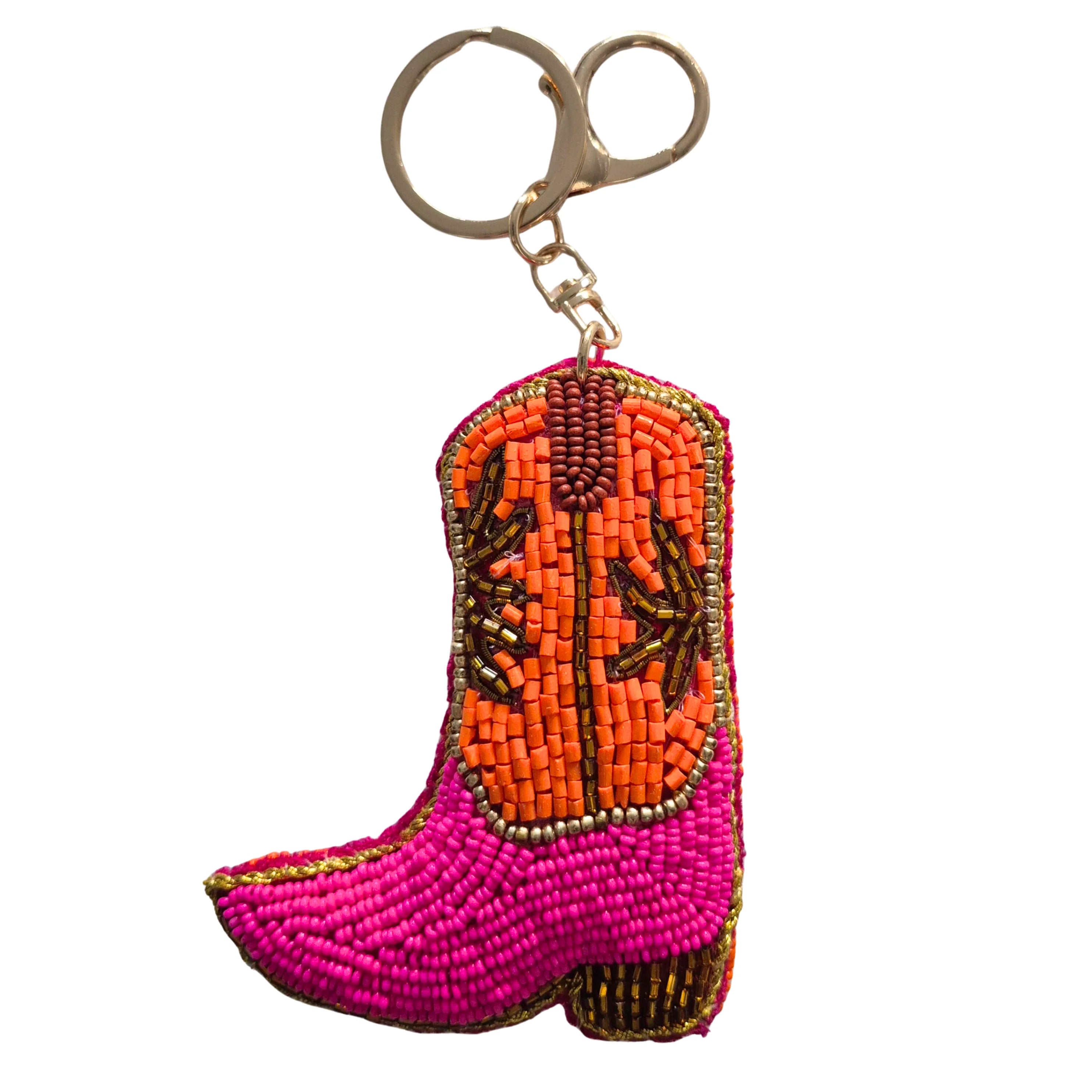 Beaded Keychain COWGIRL BOOT PINK & ORANGE