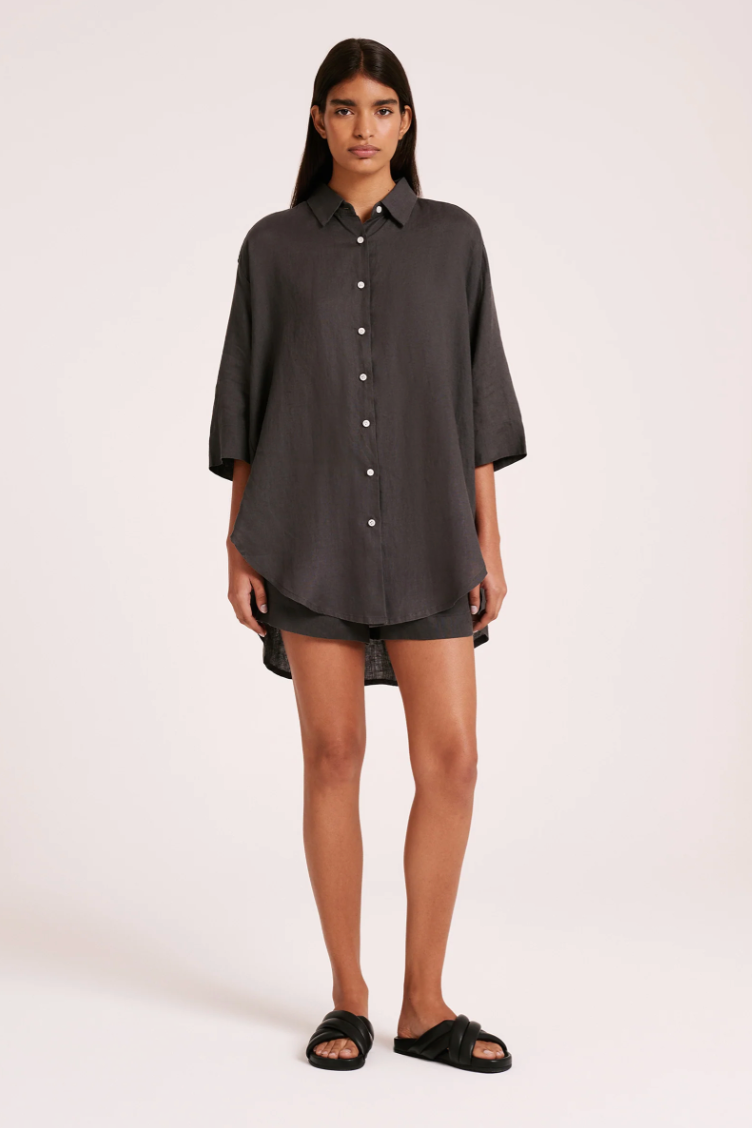 NUDE LUCY Lounge Linen Longline Shirt COAL