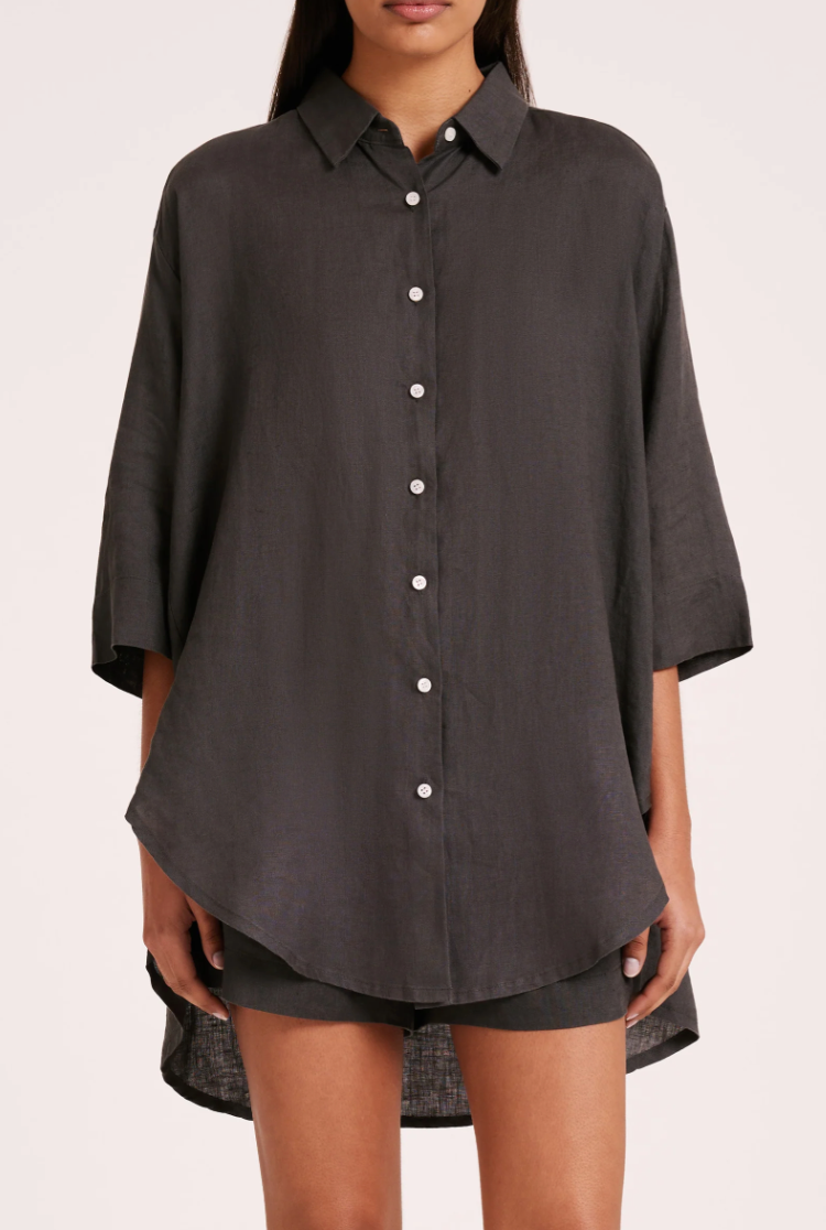 NUDE LUCY Lounge Linen Longline Shirt COAL