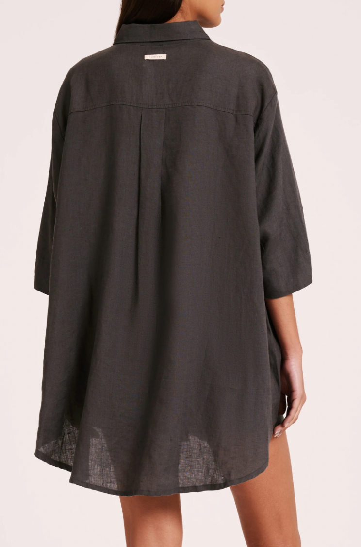 NUDE LUCY Lounge Linen Longline Shirt COAL