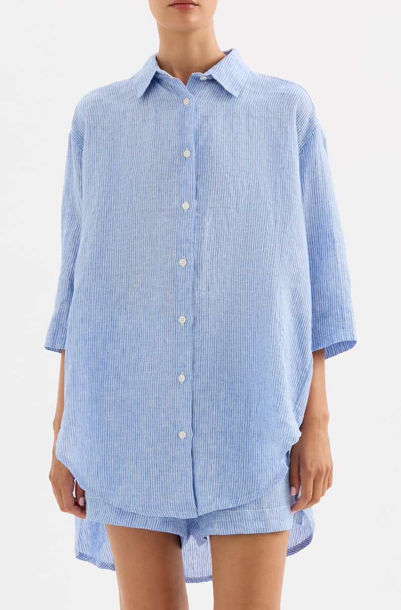 NUDE LUCY Lounge Long Linen Shirt BLUE STRIPE