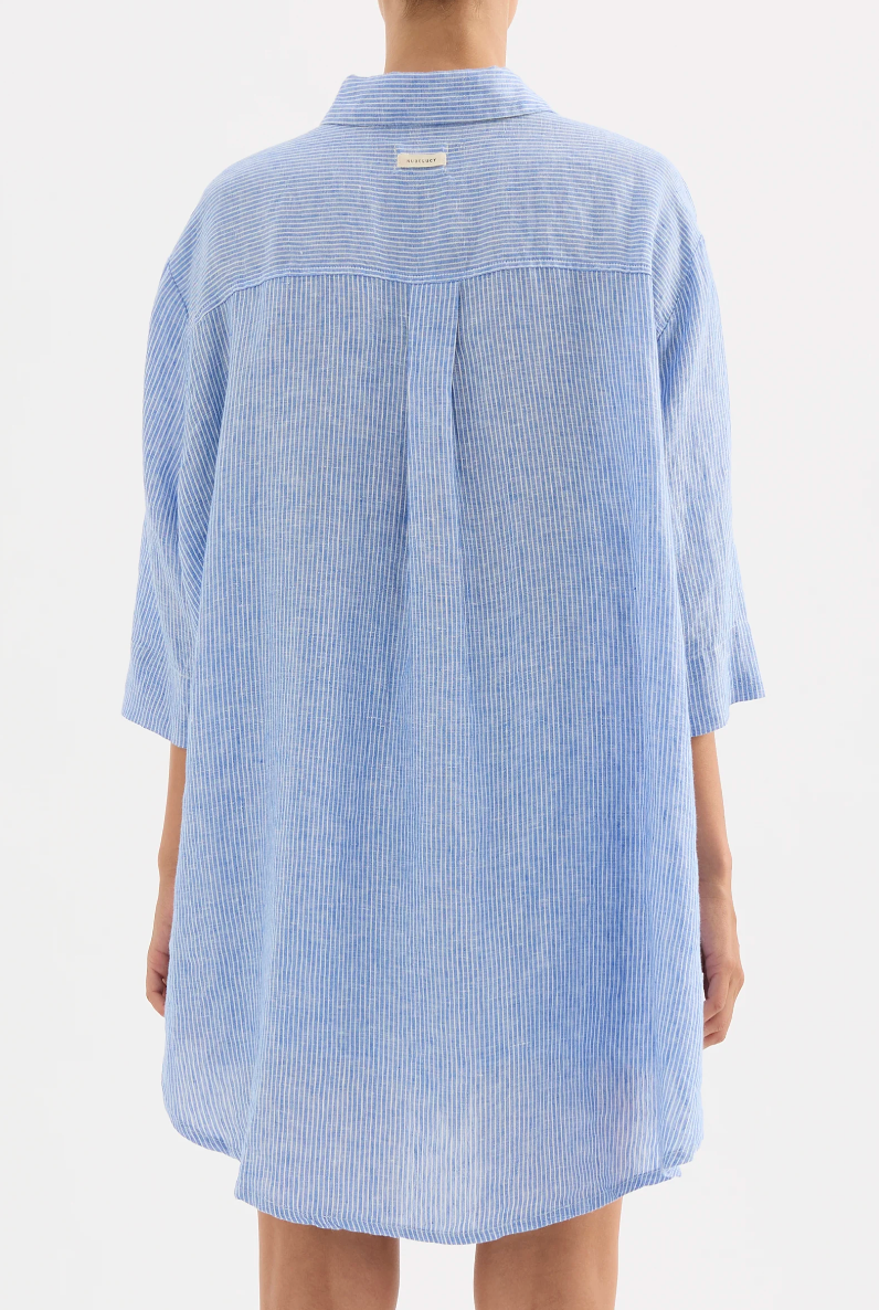 NUDE LUCY Lounge Long Linen Shirt BLUE STRIPE