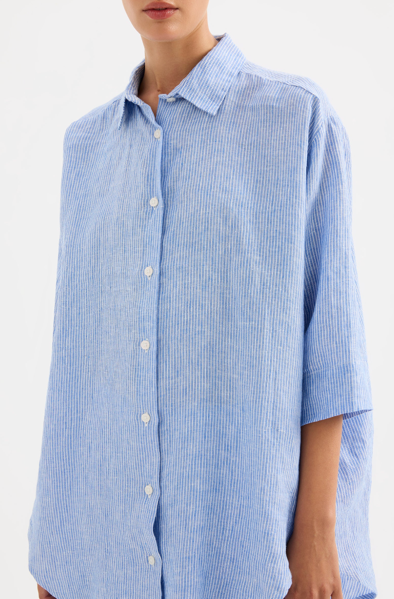 NUDE LUCY Lounge Long Linen Shirt BLUE STRIPE
