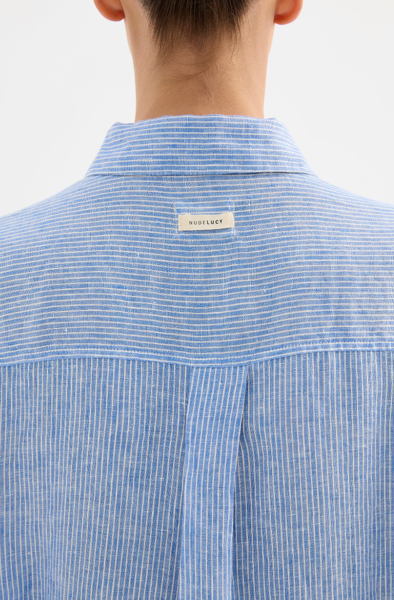 NUDE LUCY Lounge Long Linen Shirt BLUE STRIPE