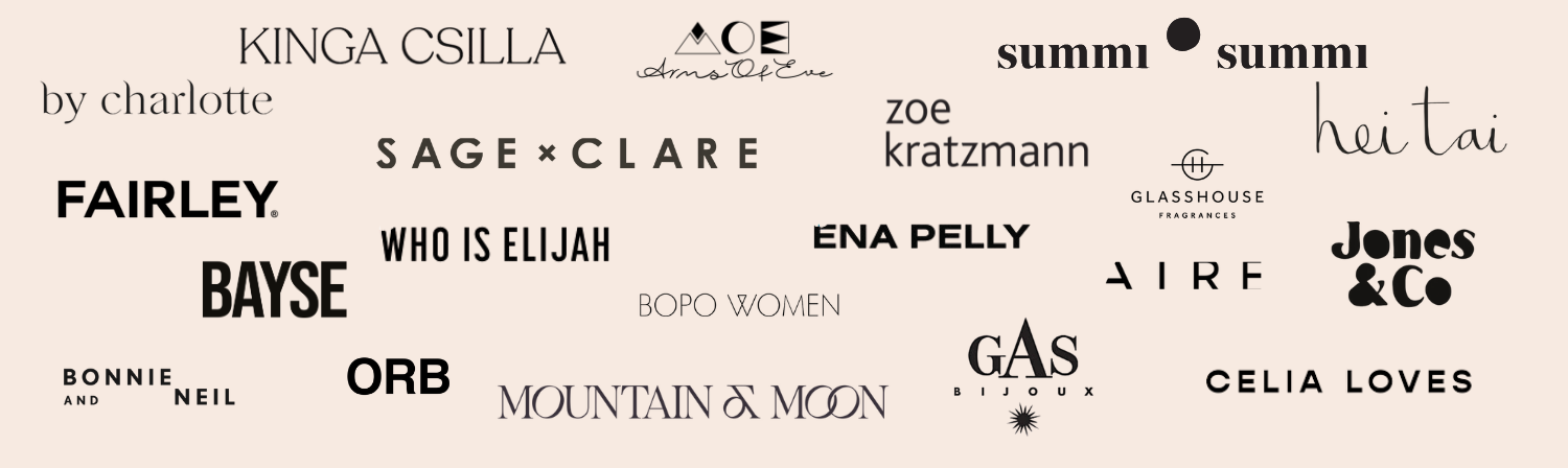Collection of various brand names on a beige background