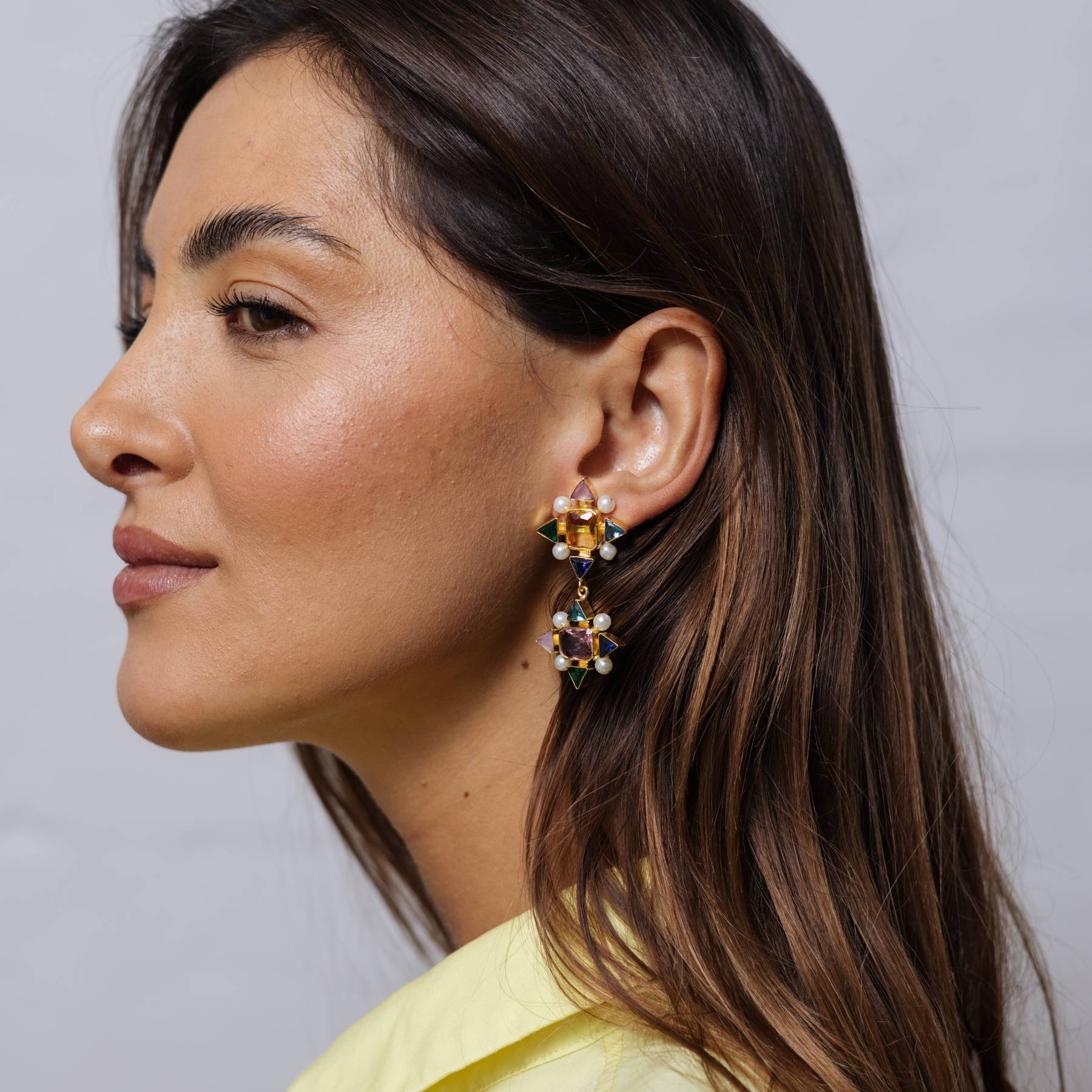 Four Point Gem Earrings PINK/LEMON