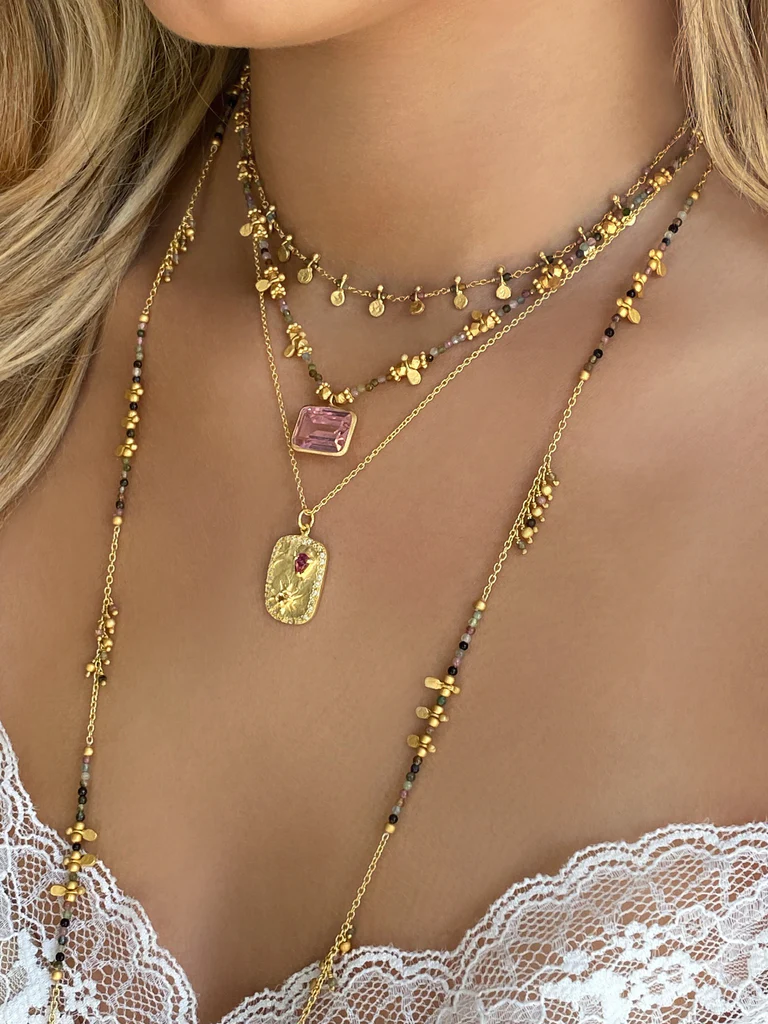 RUBY TEVA Link Chain Necklace MULTI TOURMALINE AND GOLD DISC