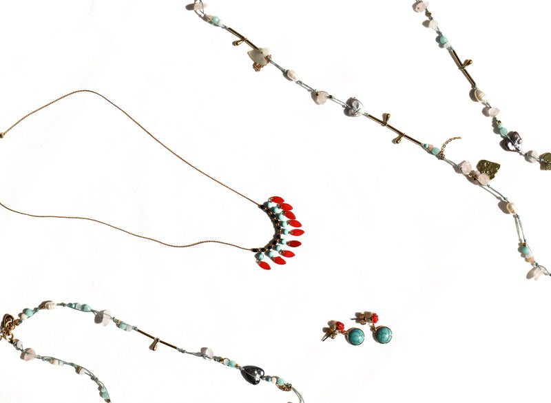Franck Herval Gold Chain Necklace Turquoise & Red Charms